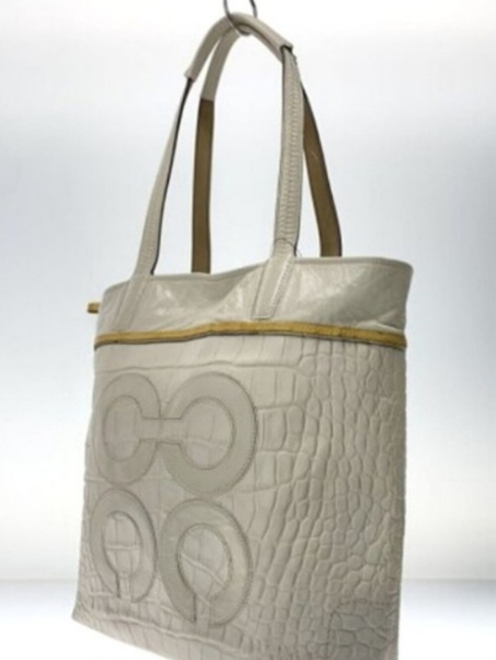 Coach Tote, Leather, Croc Embossed, Cream w/ Gold Accents, Charms